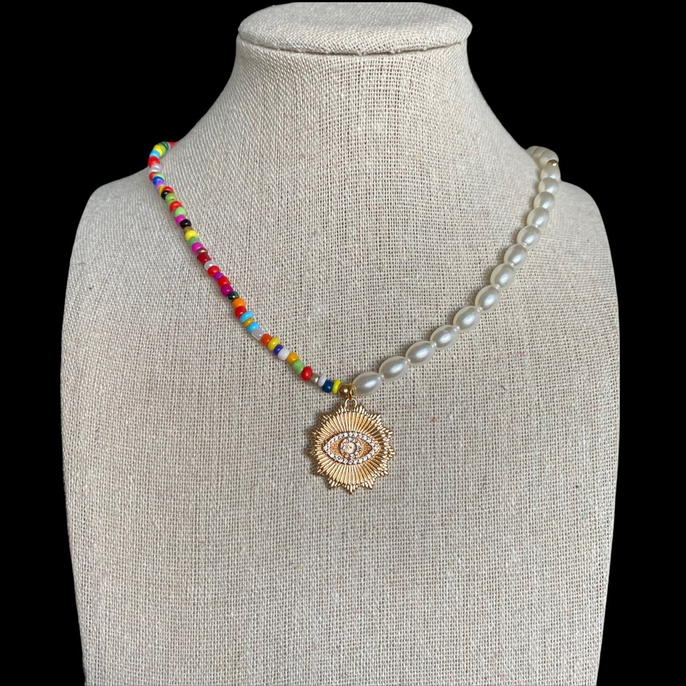 Evil Eye Pearl & Bead Necklace